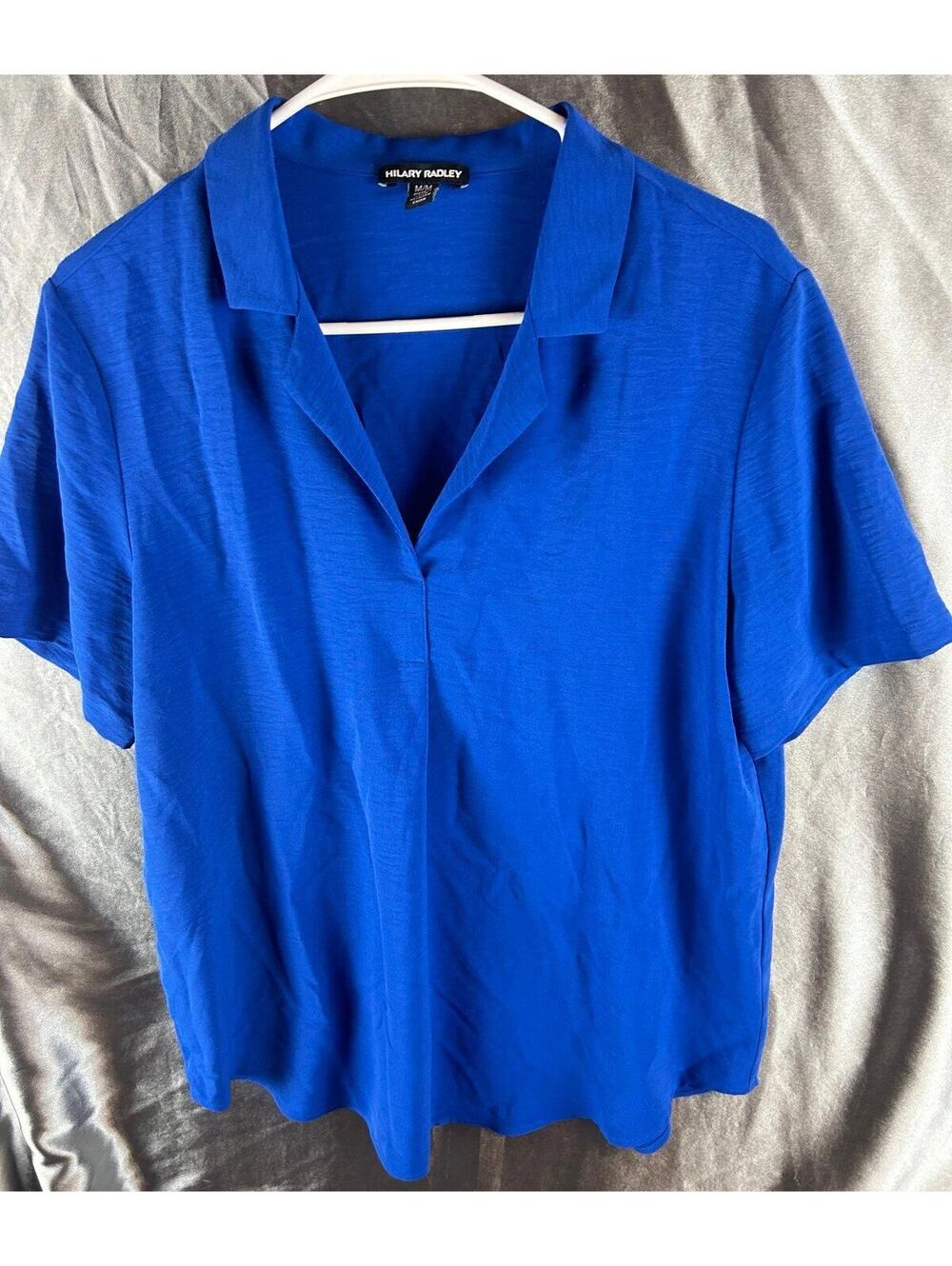 Hilary Radley Women’s Royal Blue V-Neck Collared Blouse Short Sleeve Size Medium